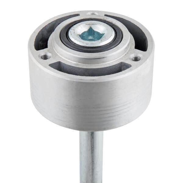 A round metal blade pulley with a round center and a screw on top.