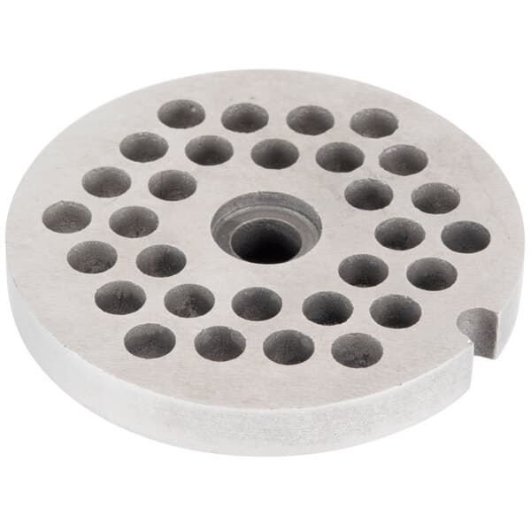 A stainless steel Avantco meat grinder plate with 5/16" holes.