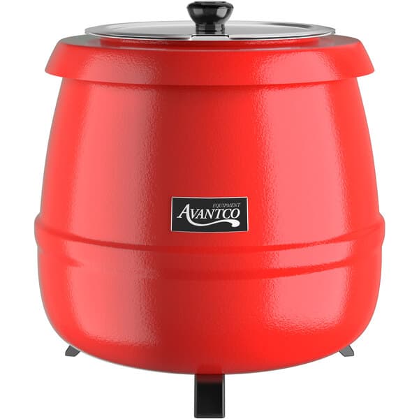 An Avantco red soup kettle with a lid.