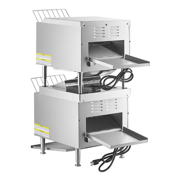 An Avantco double stacked commercial conveyor toaster with open doors on a counter.