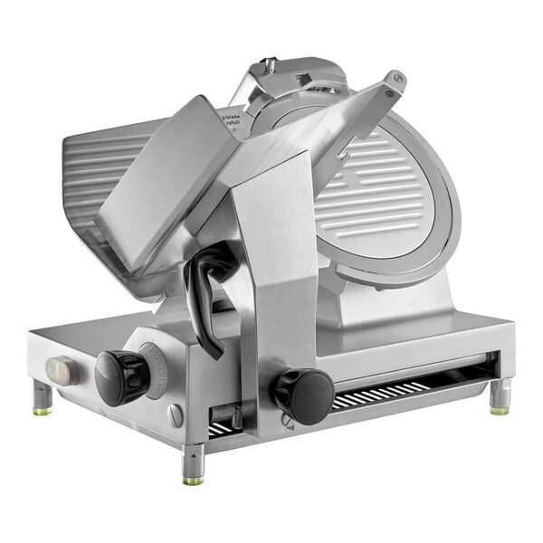 An Avantco silver meat slicer on a stand.