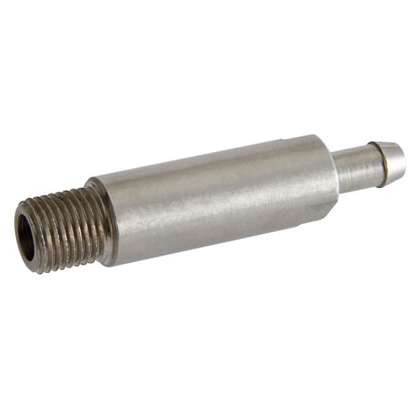 A stainless steel threaded spout connector for an Avantco countertop steamer.