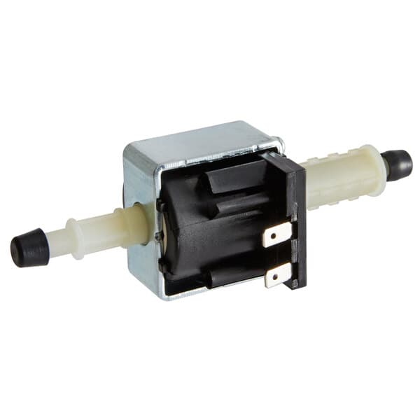 A small metal pump with a white plastic tube.