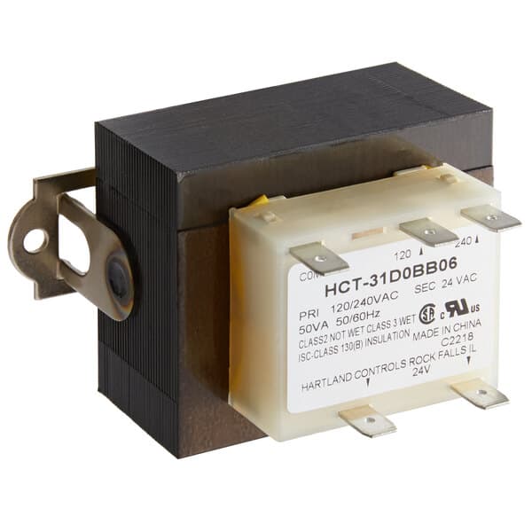 A close-up of a small black electronic transformer.