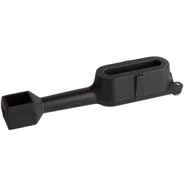 A black plastic Avantco left tube burner connector with a square object on it.