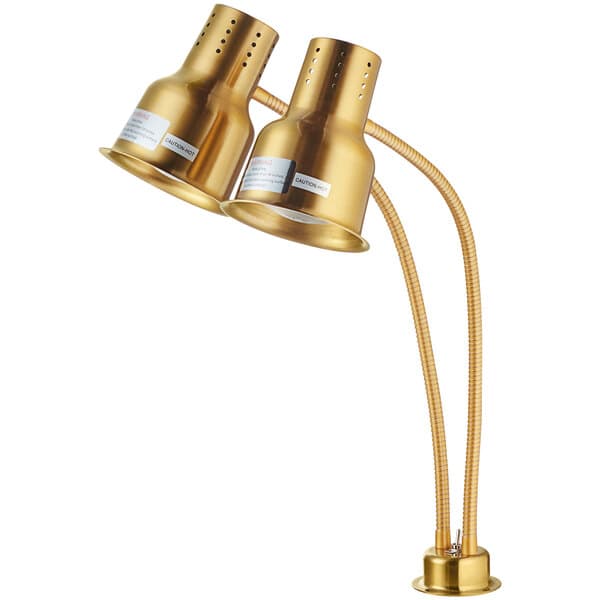 An Avantco gold stainless steel heat lamp with two arms and two bulbs.