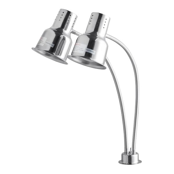 A close-up of an Avantco stainless steel heat lamp with two lamps.