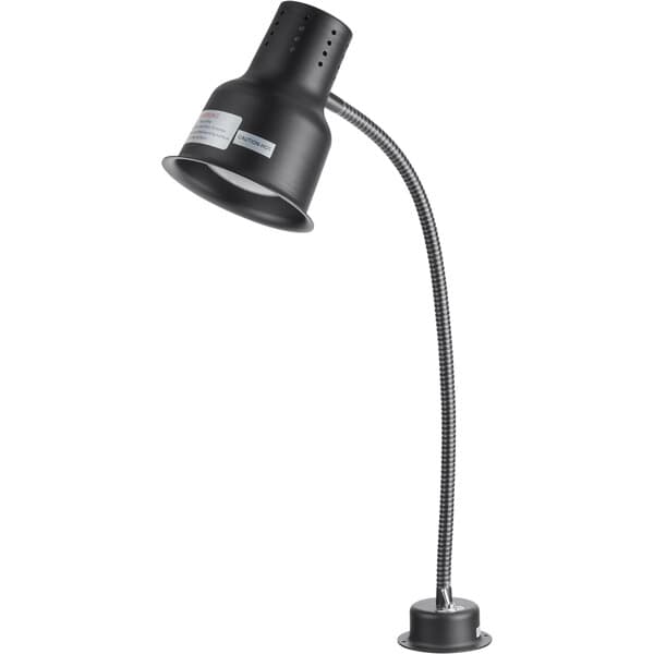 An Avantco black countertop bulb warmer heat lamp with a flexible arm.