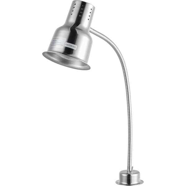 A close-up of an Avantco silver flexible heat lamp with a single arm.
