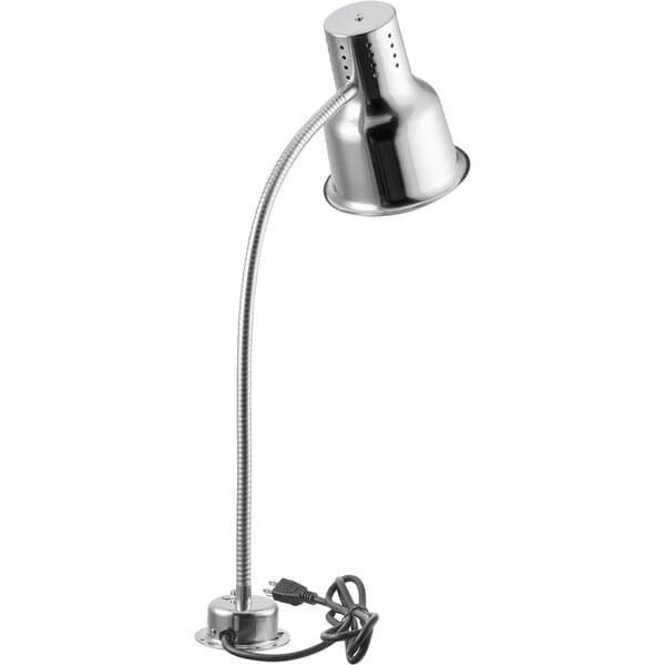 An Avantco silver countertop heat lamp with a cord and a metal base.