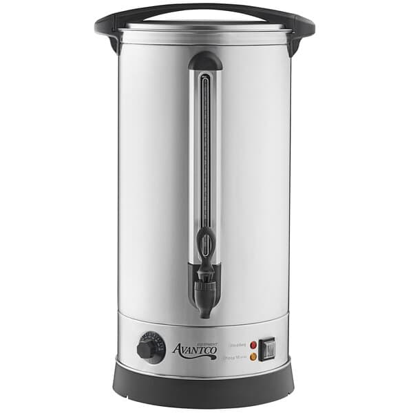 An Avantco stainless steel and black water boiler with a handle.