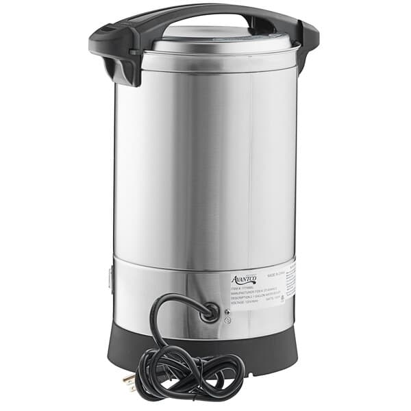An Avantco stainless steel water boiler with a black handle.
