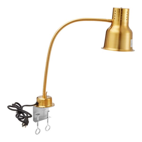 An Avantco gold stainless steel heat lamp with a cable and clamp.