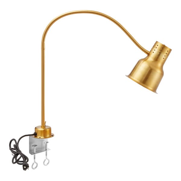 An Avantco gold stainless steel heat lamp with a curved neck and a cord.