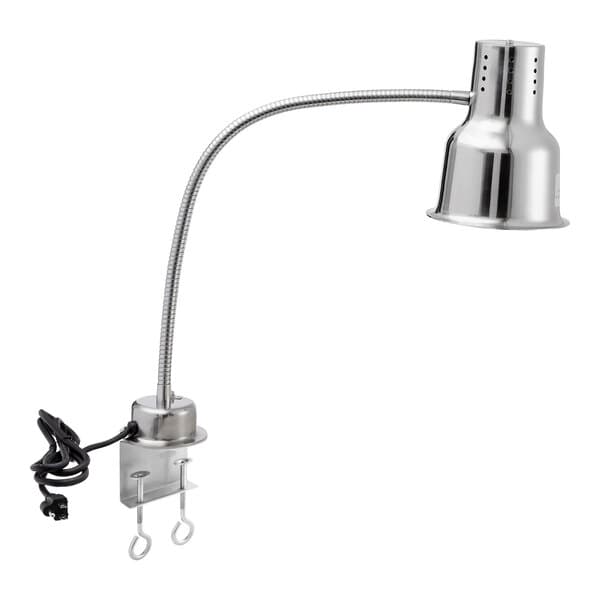 An Avantco stainless steel heat lamp with a curved silver arm.