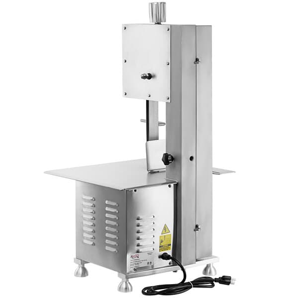 An Avantco stainless steel countertop vertical band meat saw with a black power cord.