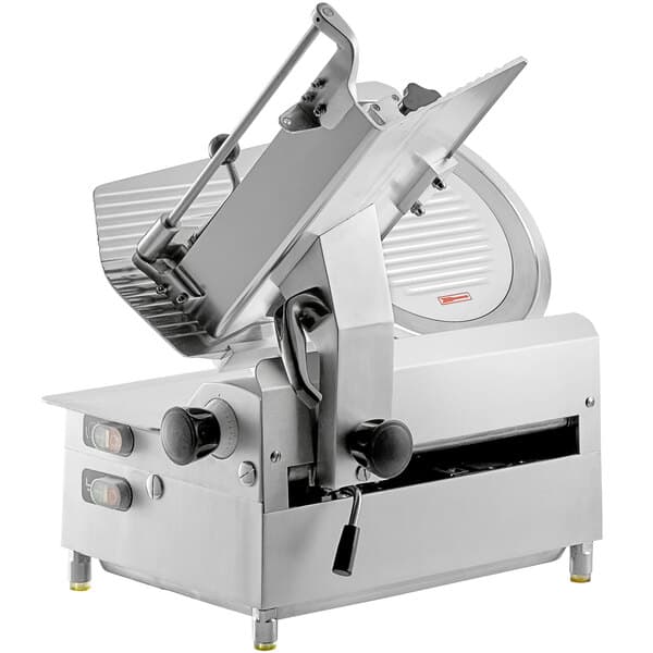 An Avantco medium-duty commercial meat slicer with a metal blade.