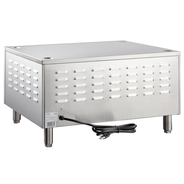 A stainless steel rectangular countertop oven with a power cord.