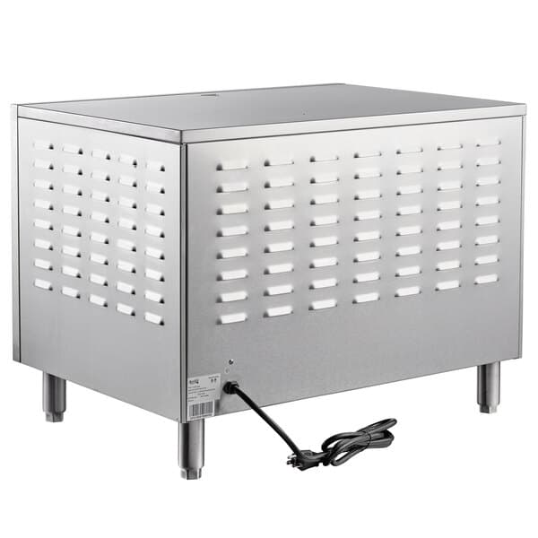 An Avantco double deck countertop pizza oven, a large rectangular silver metal box with a black cord.