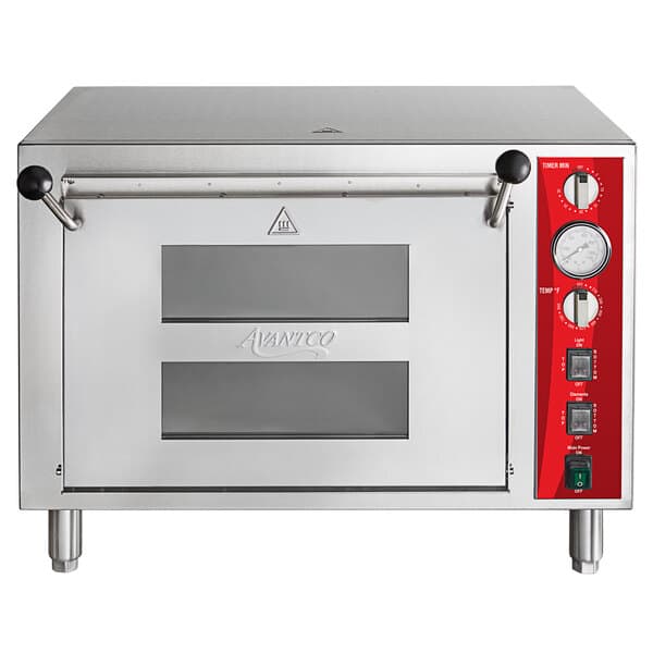 A silver Avantco double deck countertop pizza oven with red knobs and dials.