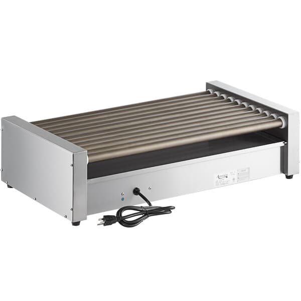 An Avantco stainless steel hot dog roller grill with non-stick rollers on a counter.