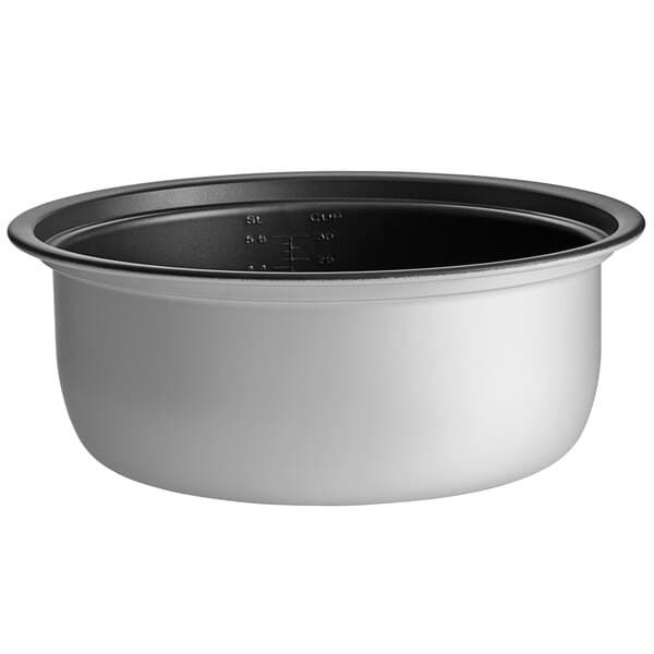 An Avantco non-stick pot for a rice cooker with a lid.
