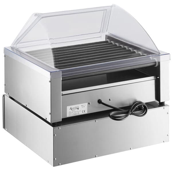 An Avantco hot dog roller grill with a clear lid on a counter.