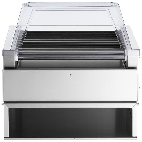 An Avantco stainless steel hot dog roller with a clear lid.