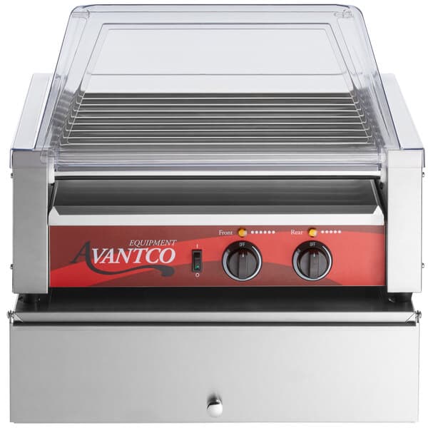 An Avantco commercial hot dog roller grill with sneeze guard on a counter.