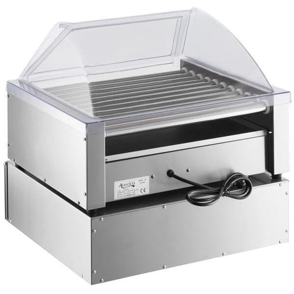 An Avantco hot dog roller grill with a clear sneeze guard.