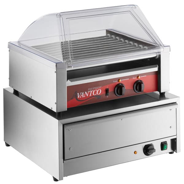 An Avantco commercial hot dog roller grill with a glass sneeze guard.