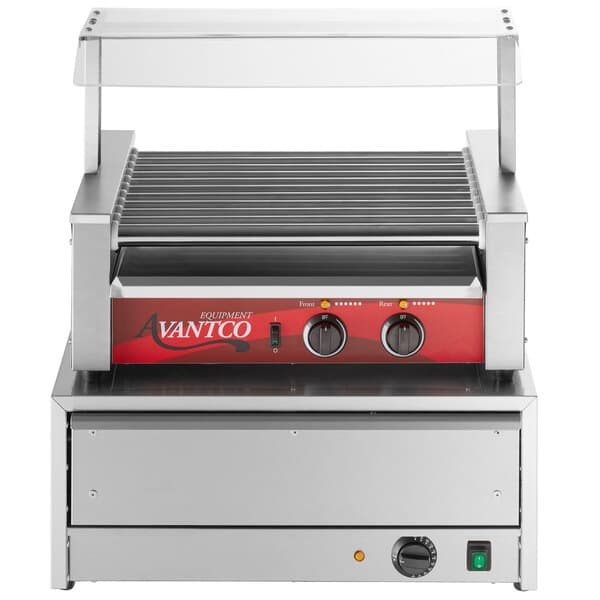 An Avantco commercial hot dog roller with a red top and a lid.