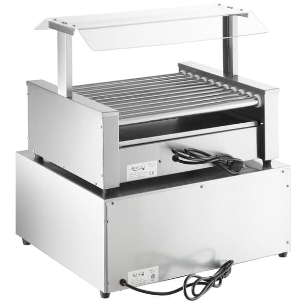 An Avantco commercial hot dog roller grill with a glass pass-through canopy.