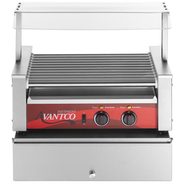 An Avantco hot dog roller grill on a counter.