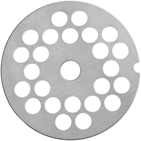 An Avantco stainless steel grinder plate with 3/8" holes in it.