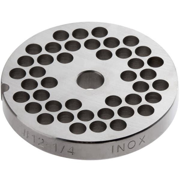 An Avantco stainless steel grinder plate with 1/4" holes in it.