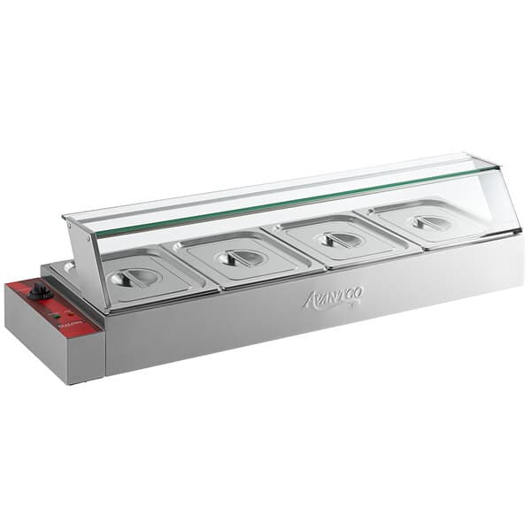 An Avantco stainless steel countertop food warmer with four half-size wells.