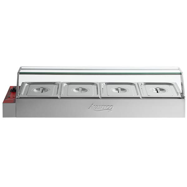 An Avantco stainless steel countertop food warmer with four half-size wells.