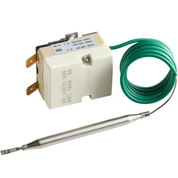 An Avantco thermostat in a small white box with a green wire and a label.