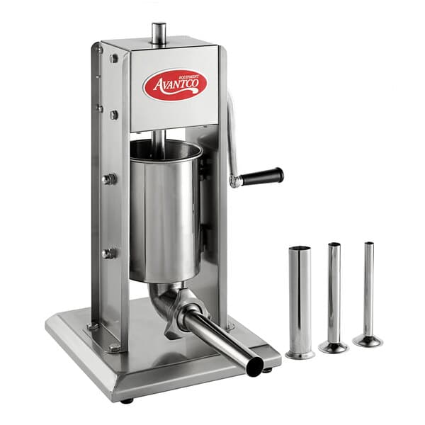 An Avantco stainless steel vertical manual sausage stuffer with metal cylinders and tubes.