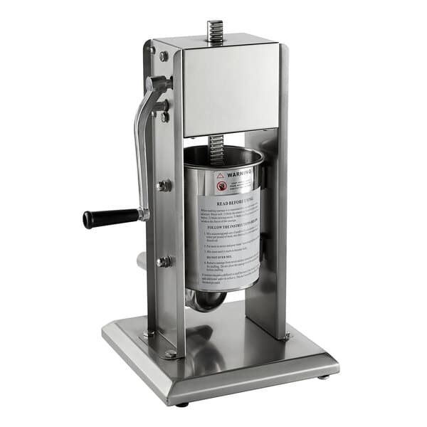 An Avantco stainless steel vertical manual sausage stuffer with stainless steel funnels.
