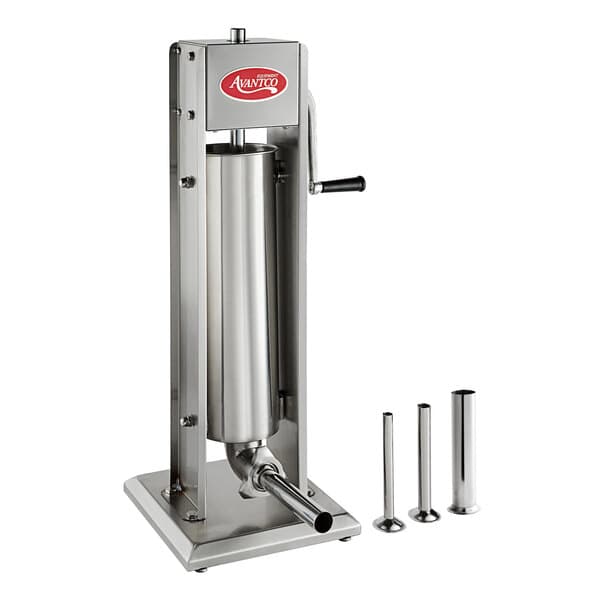 An Avantco stainless steel vertical manual sausage stuffer with metal tubes.