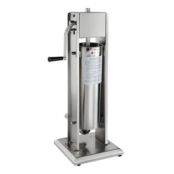 An Avantco stainless steel vertical manual sausage stuffer on a white background with stainless steel funnels.