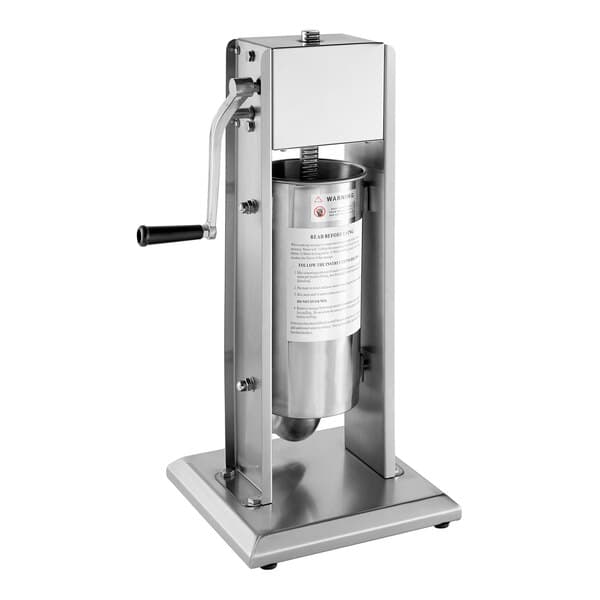 An Avantco stainless steel vertical manual sausage stuffer with a white label.