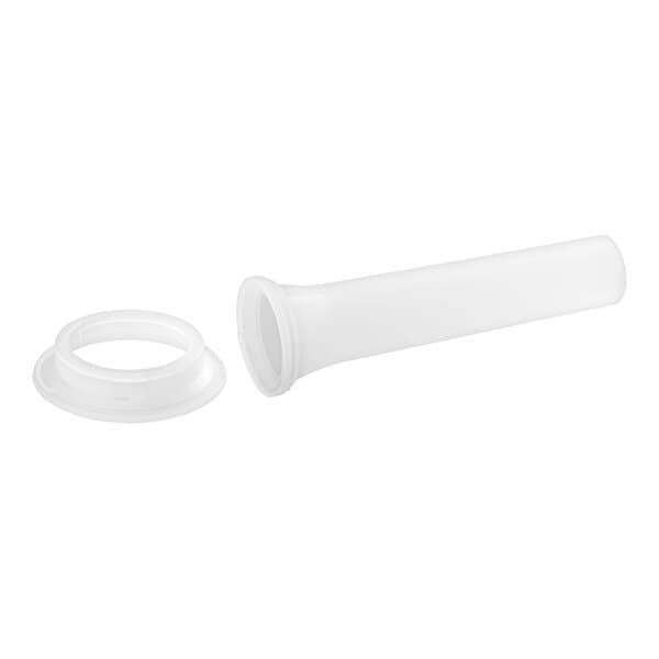 A white rectangular flange with a round hole and a white round stuffer tube with a circle in the middle.