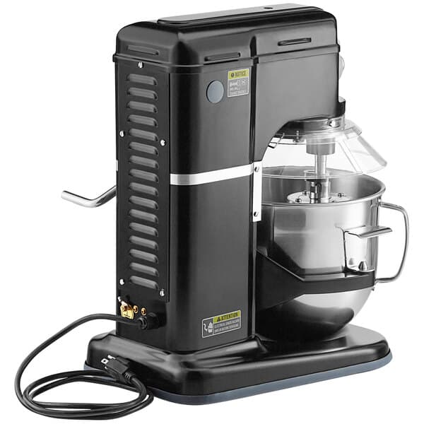An Avantco black and silver countertop mixer with a cord.