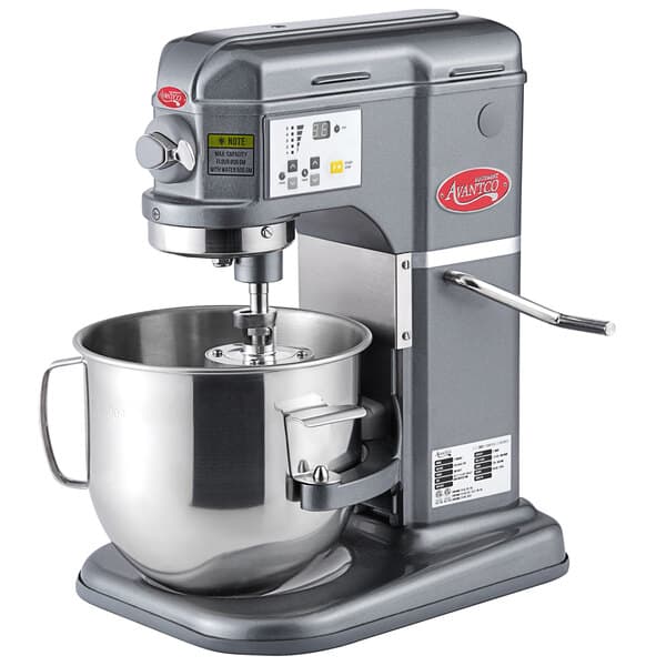 An Avantco dark gray countertop mixer with a large bowl on top.
