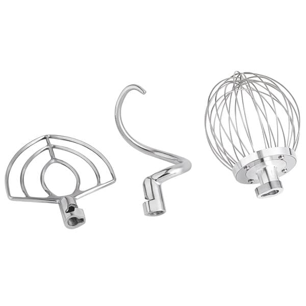 The standard accessories for an Avantco white countertop mixer, including three metal wire baskets and a metal wire.
