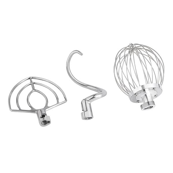 A white Avantco countertop mixer with three metal wire attachments.