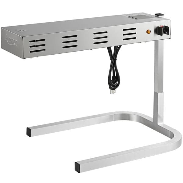 An Avantco Freestanding French Fry Warmer with a silver rectangular base and black cord.
